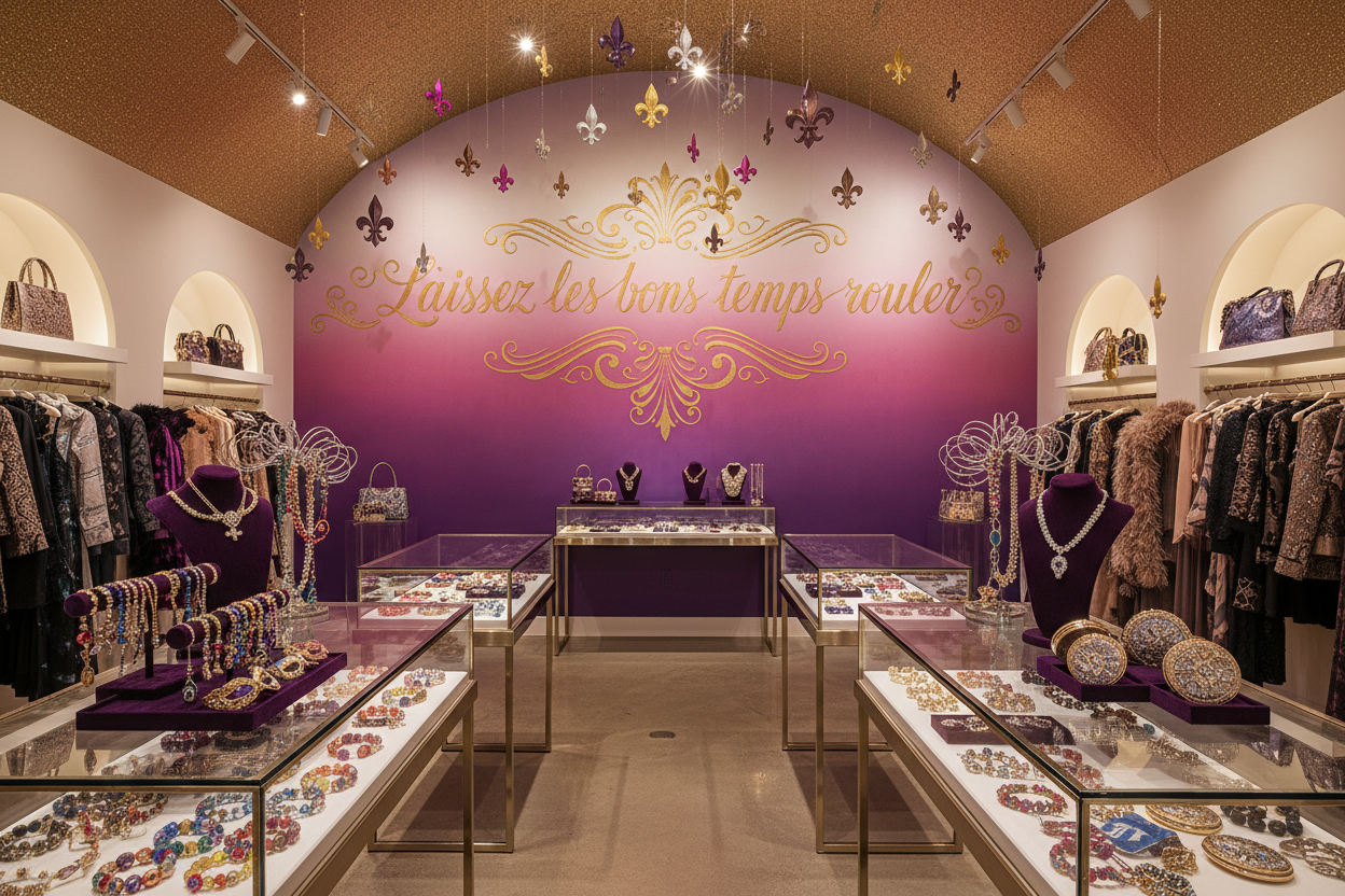 Create an image with a Purple, pink, and plum colored background with "Laissez les bons temps rouler" in a large mural on the wall, with a gold glitter vaulted ceiling with fluer de' lis's of all sizes and colors floating in the ceiling. A large retail space with clear glass counter tops with beaded bracelets with fancy stylish different color charms on them, rhinestone necklaces on jewelry props and displays with compacts mirrors, accessories, and retail clothing and designer hand bags. 